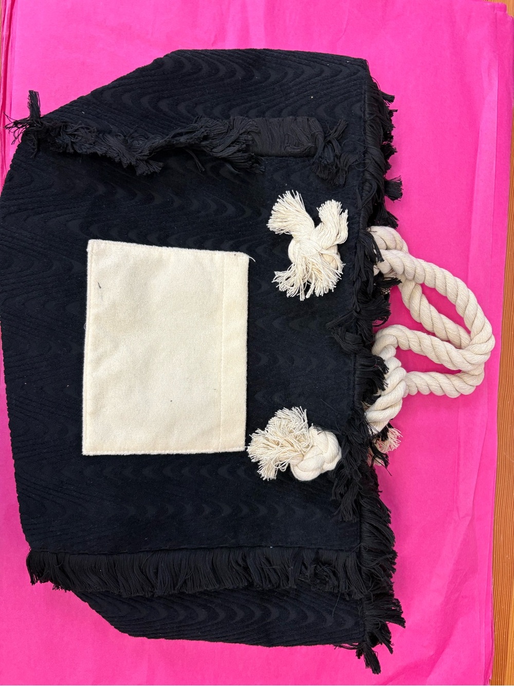 Springs Black Fringe Canvas Tote with Cream Rope Handles and Pocket